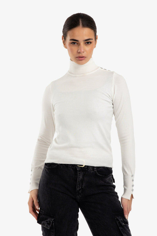 Plain Buttoned Cuff Slim Pullover – Off White