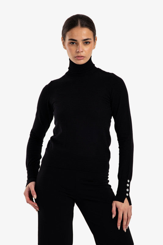 Plain Buttoned Cuff Slim Pullover – Black