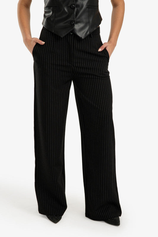Striped Wide Leg Pants – Black
