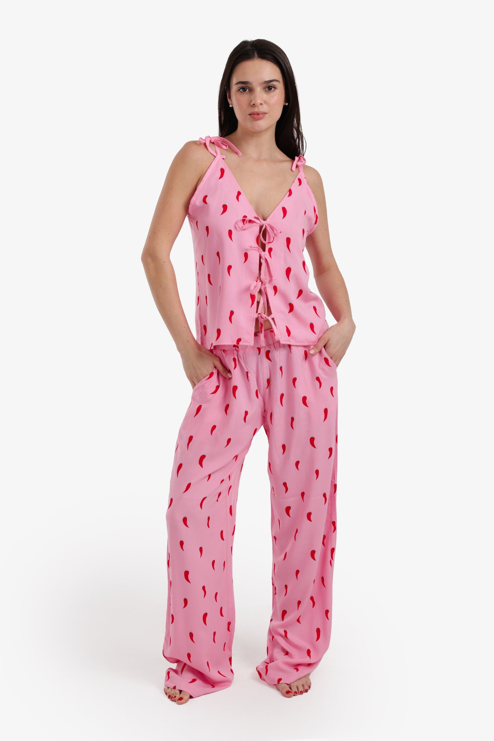 Chili Print Lace-Up Pajama Set – Pink