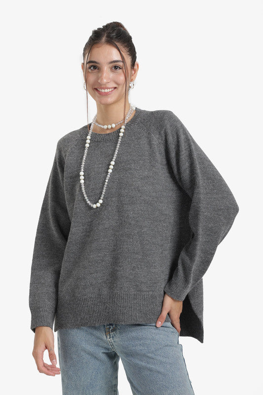 Solid High-Low Wool Pullover – Dark Grey