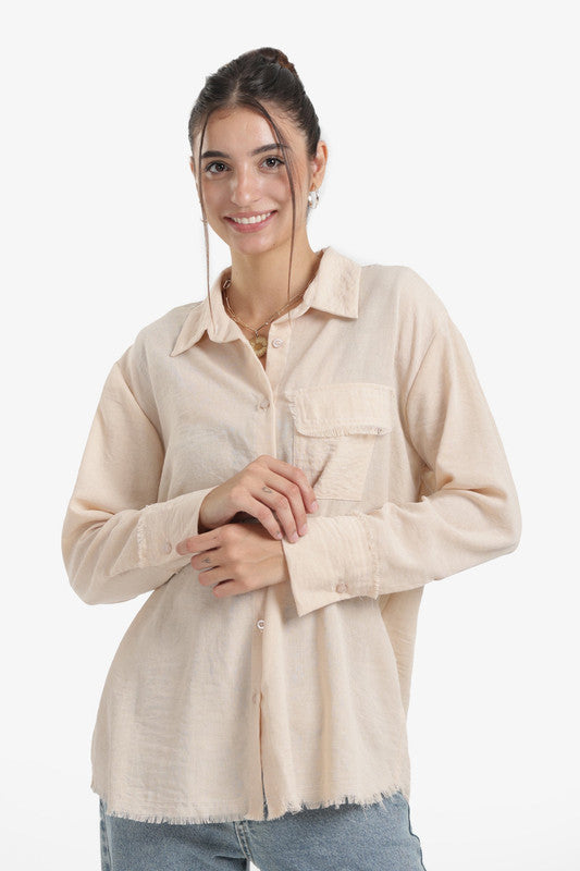 Solid Frayed Hem Button Shirt – Beige