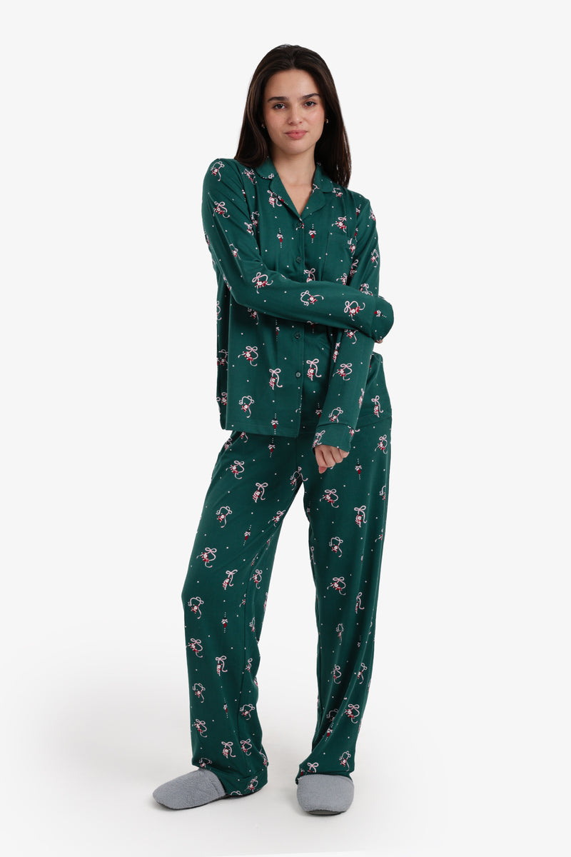 Festive Print Button-Down Pajama Set – Green