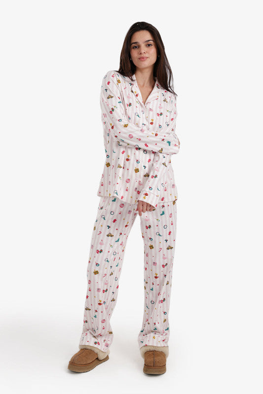 Festive Stripe Button-Down Pajama Set – Multicolor