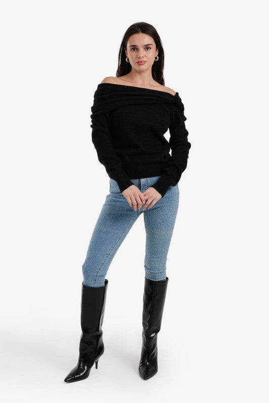 Knit Plain Cowl Neck Pullover – Black
