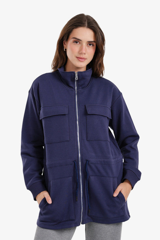 Cotton Blend Plain Utility Lounge Jacket – Navy