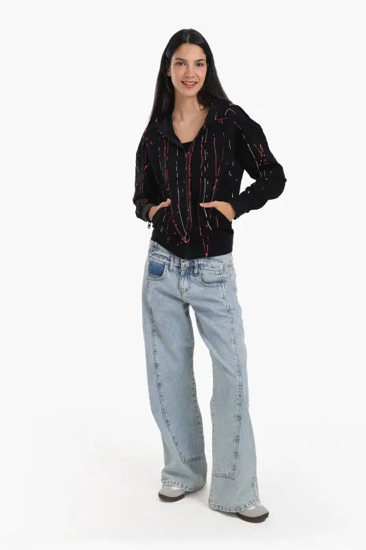 Milton Abstract Printed Zip-Up Sweatshirt – Black