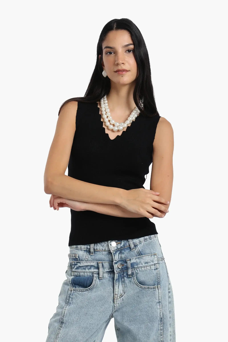 Seamless Zigzag V-Neck Top - Black