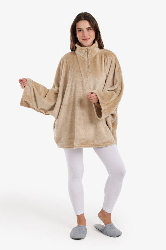 Velvet Plain Poncho Blanket – Beige