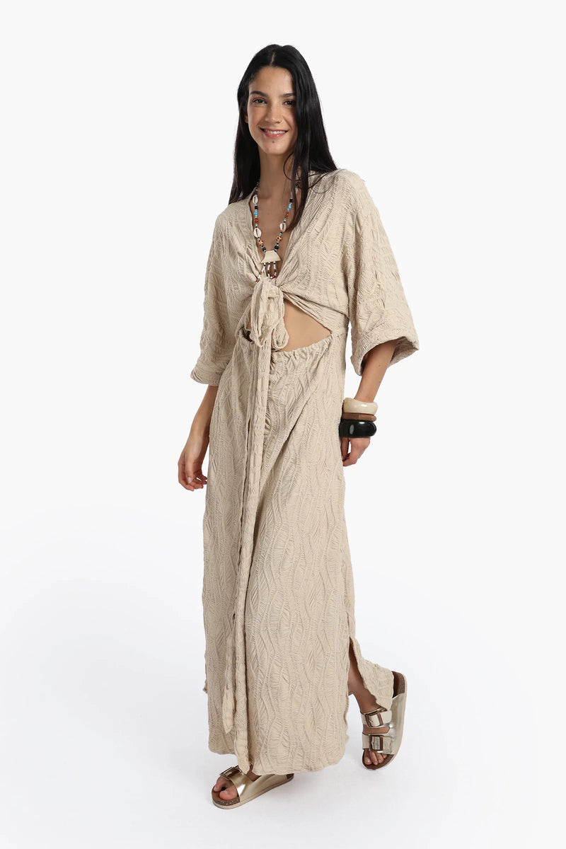 Polyester Self Pattern Beach Dress - Beige