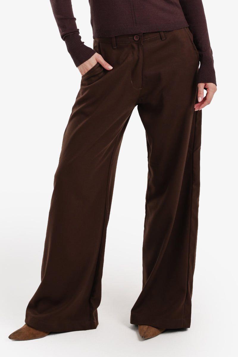 Plain Wide-Leg Straight Cut Pants – Dark Brown