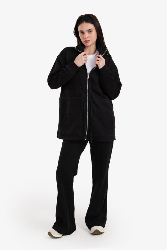Cotton Blend Plain Utility Lounge Jacket – Black