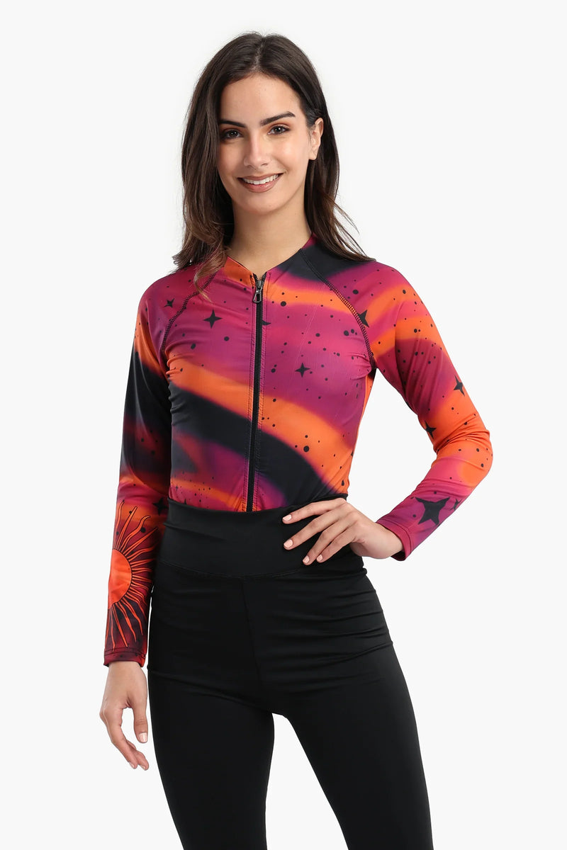 Polyester Galaxy Print Rash Guard Swimsuit – Multicolor