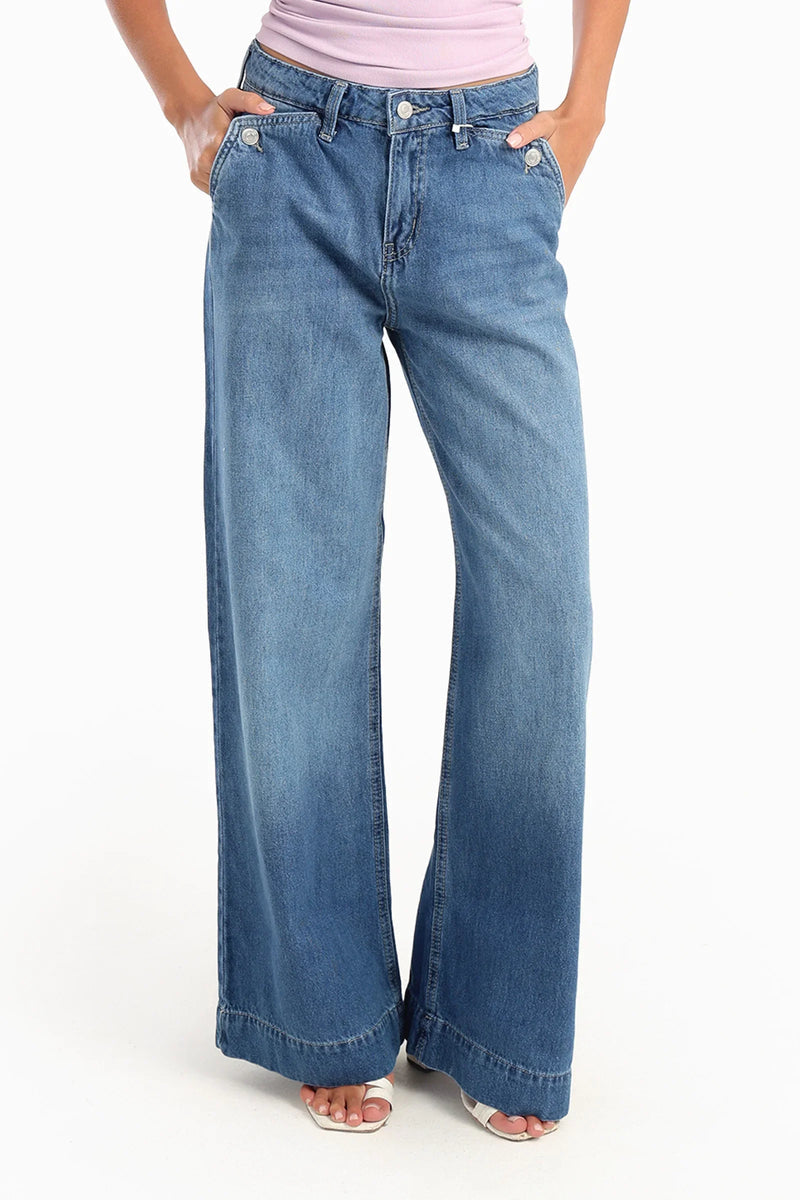 Cotton Solid Wide-Leg Cotton Denim Pants – Blue