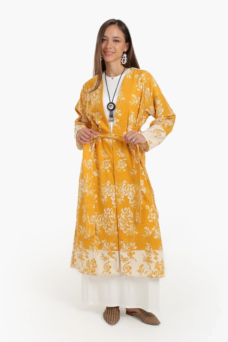 Cotton Floral Printed Midi Kimono – Mustard Yellow