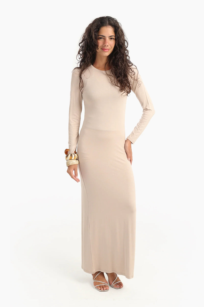 Viscose Blend Solid Slim Dress – Beige