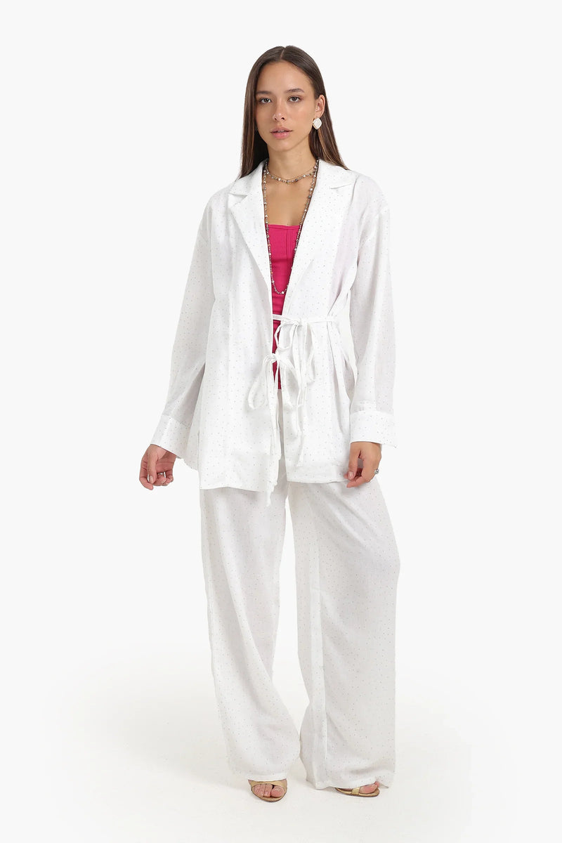 Polyester Studded Wide Leg Pants - Off White