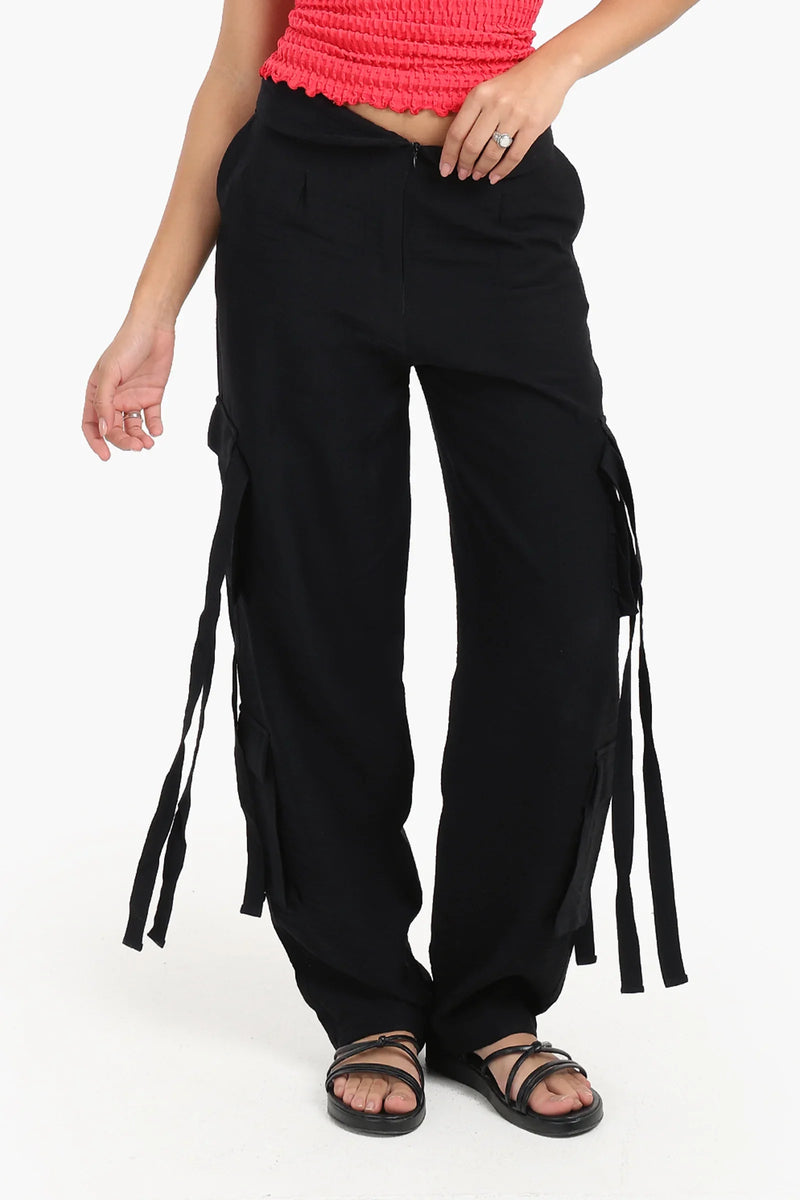 Linen Solid Cargo Pants – Black