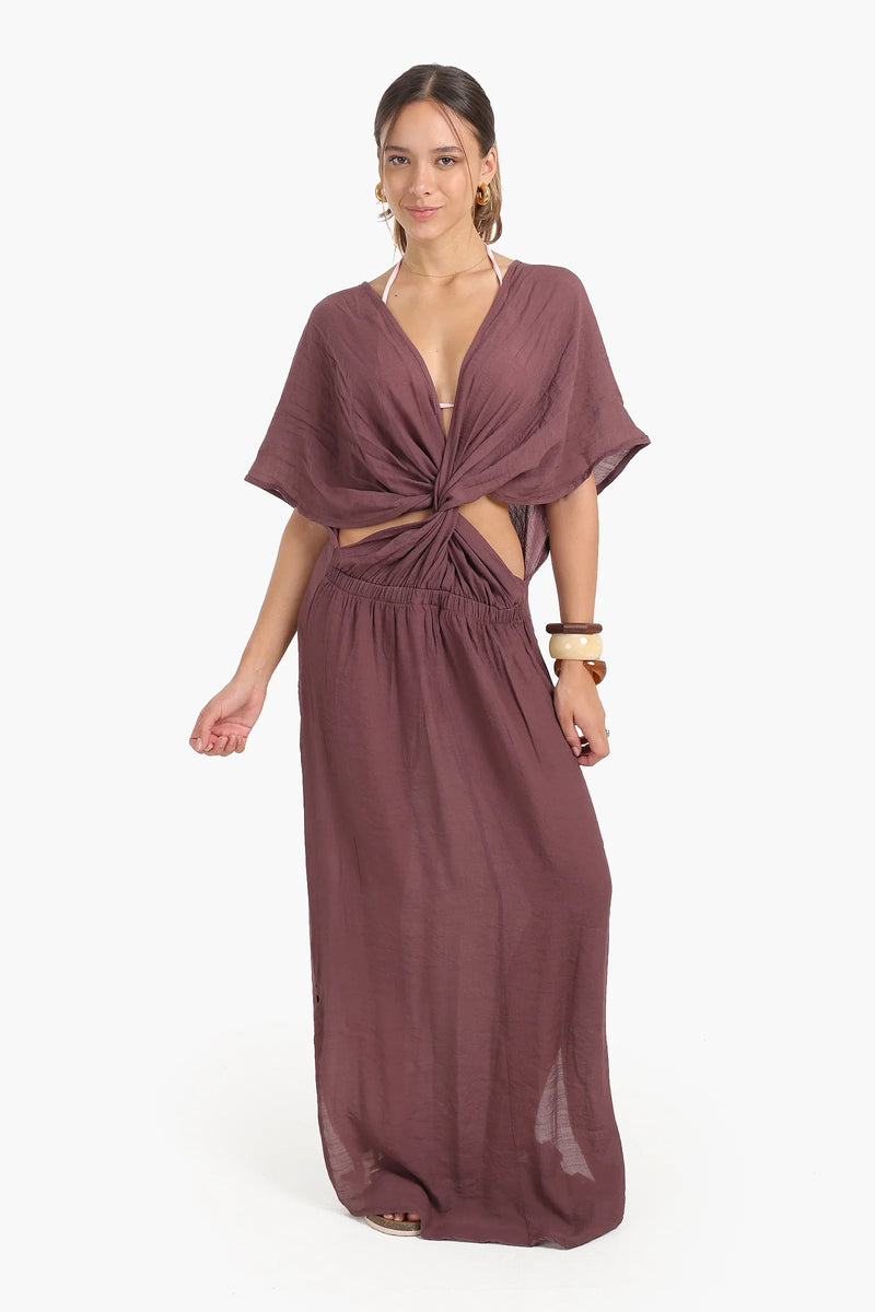 Tencel Solid Deep V-Neck Beach Dress – Light Burgundy
