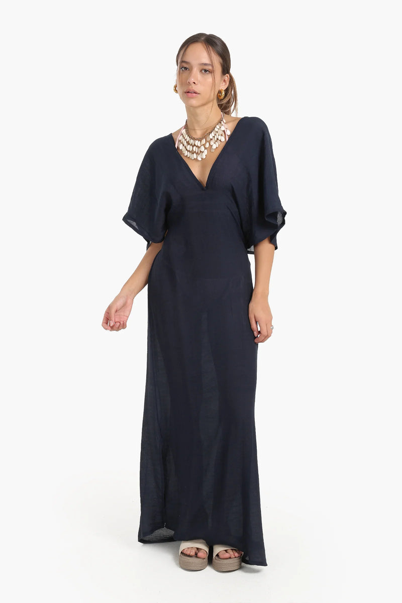 Tencel Solid Deep V-Neck Beach Dress – Navy