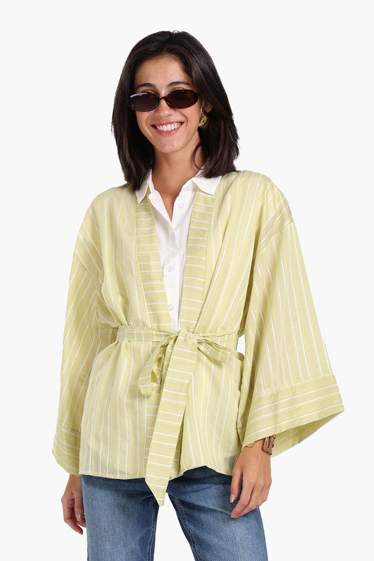 Striped - Detachable Waist Belt Kimono – Yellow