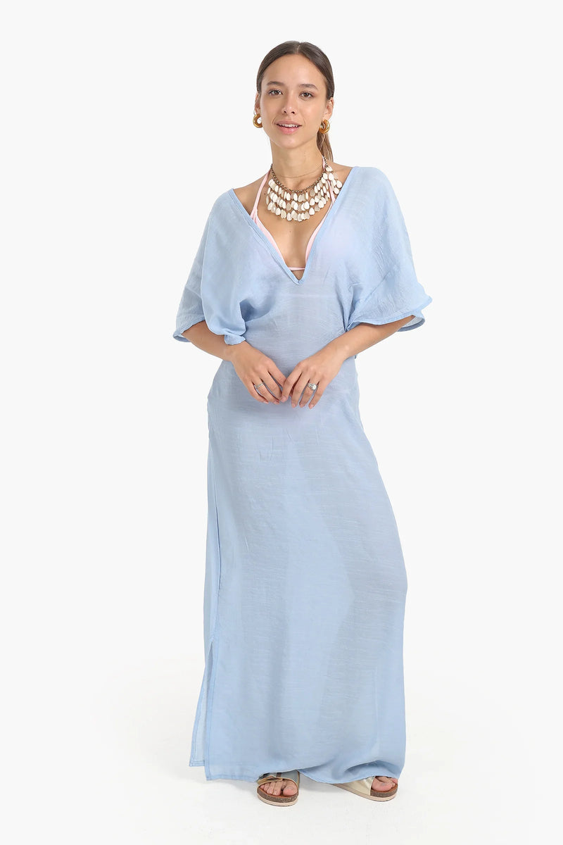 Tencel Solid Deep V-Neck Beach Dress – Blue
