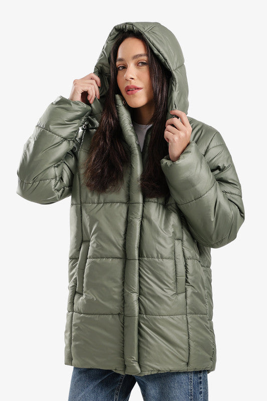 Plain Hooded Long Puffer Jacket – Olive