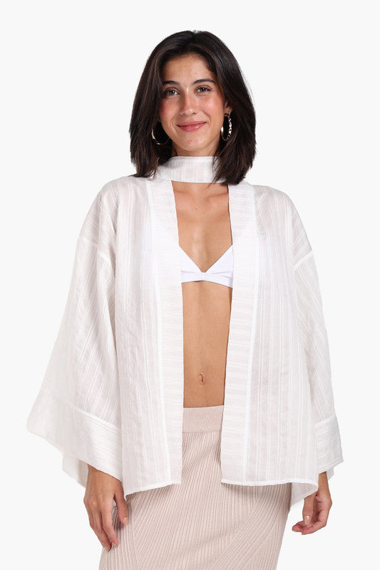 Striped - Detachable Waist Belt Kimono – White