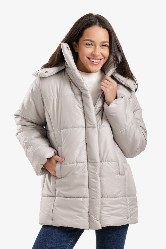 Plain Hooded Long Puffer Jacket – Silver