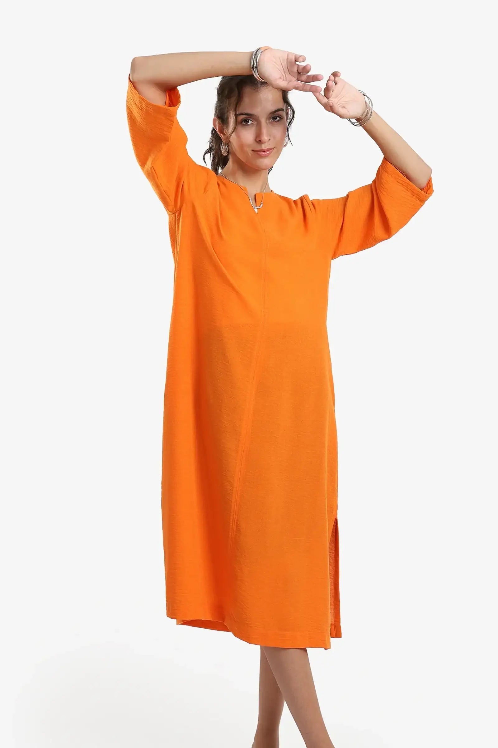 Solid Side-Slit Lounge Midi Dress – Orange