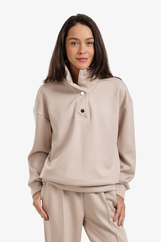 Solid Stand Collar Lounge Sweatshirt – Beige