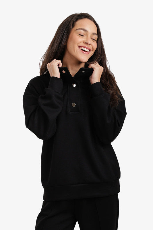 Solid Stand Collar Lounge Sweatshirt – Black