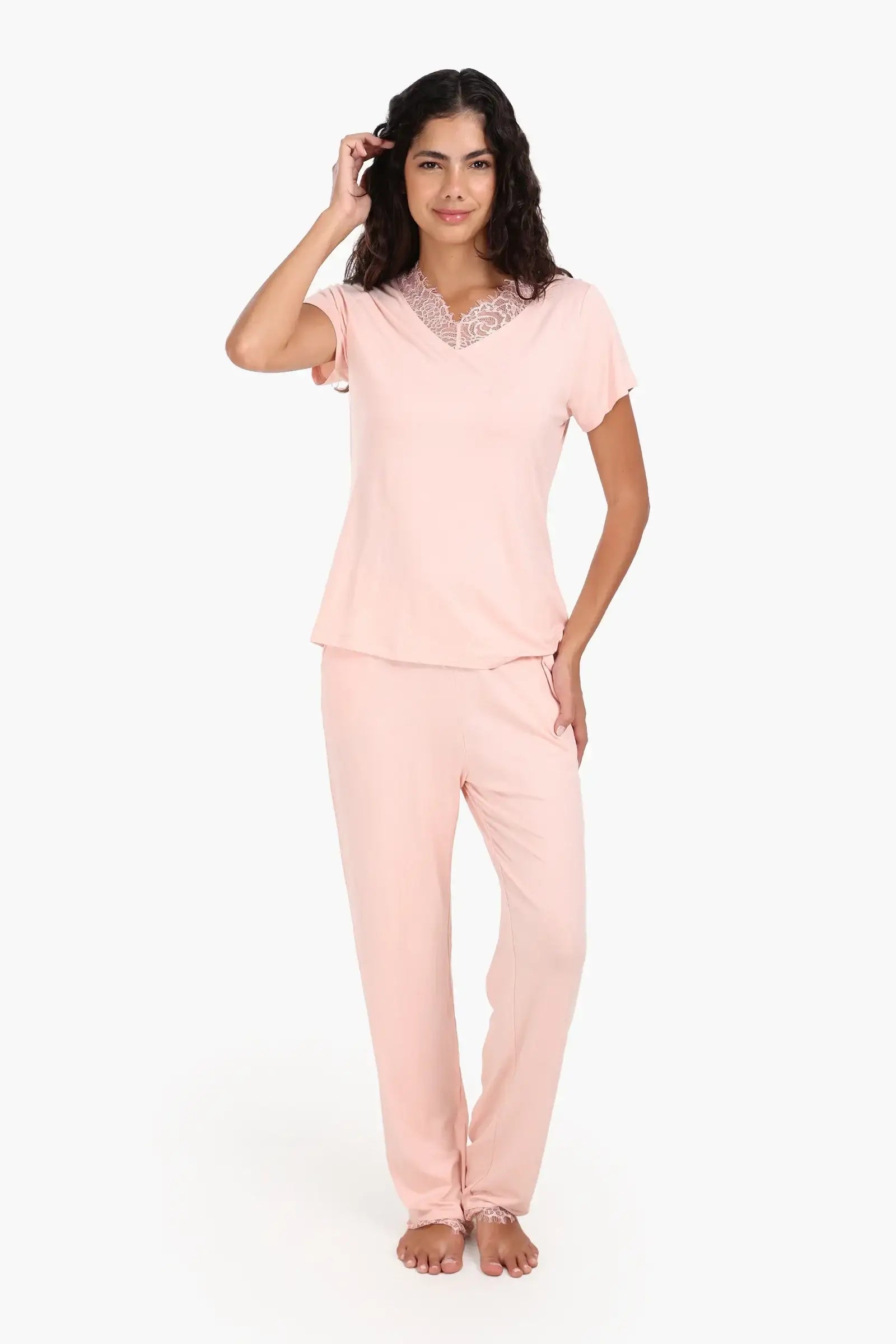 Solid Lace Trim Pajama Set – Blush Pink
