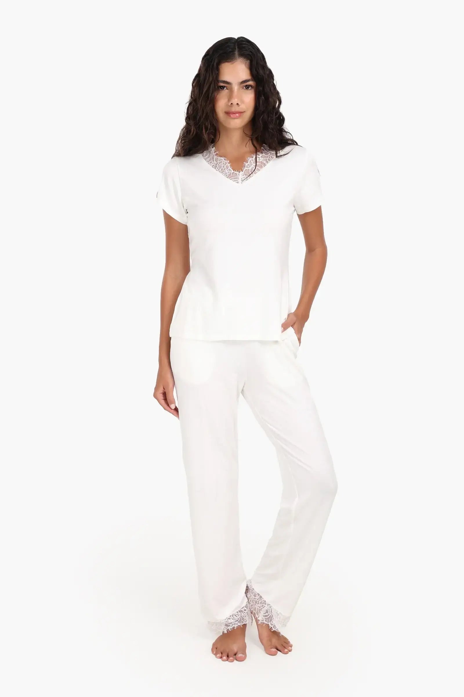 Solid Lace Trim Pajama Set – Off White
