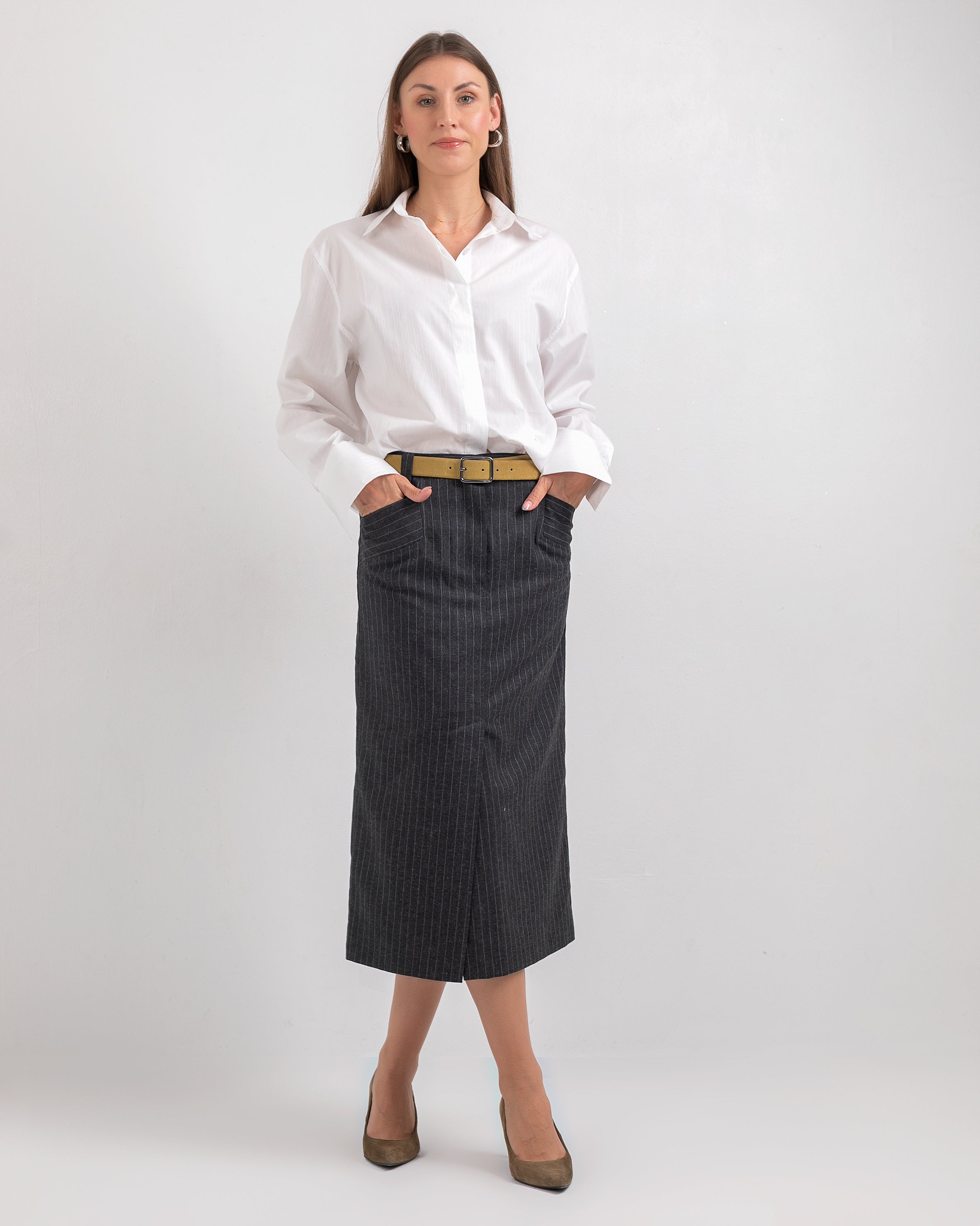 Wool Striped Midi Skirt - Black