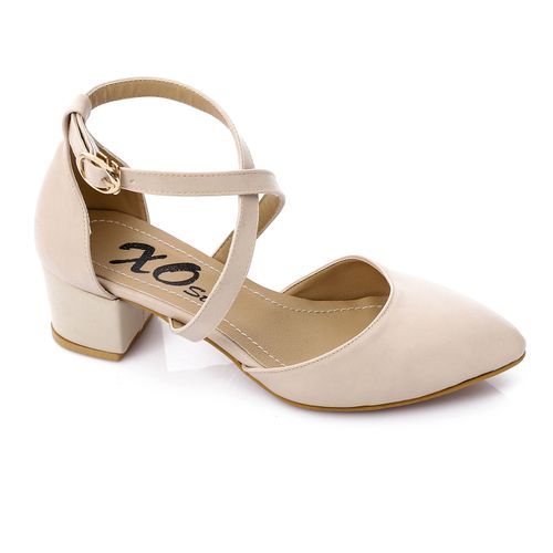 Faux Leather Pointed-Toe Block Heels - Beige