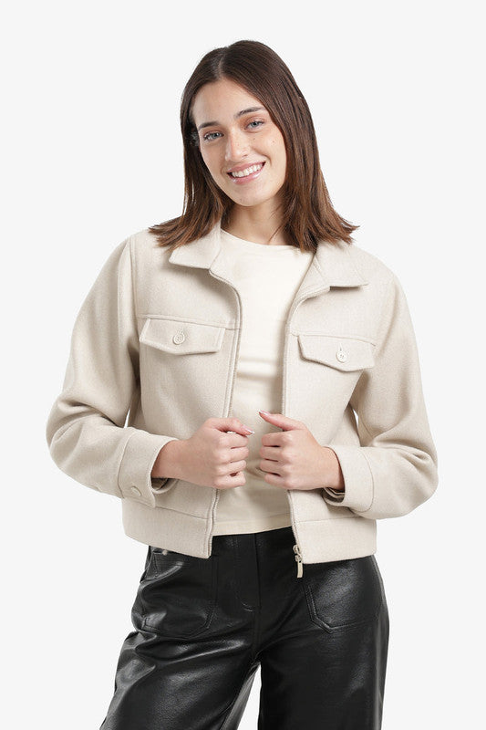 Plain Flap-Pocket Cropped Jacket – Beige