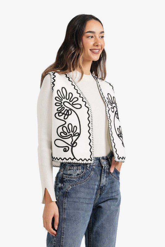 Embroidered Open Vest – White