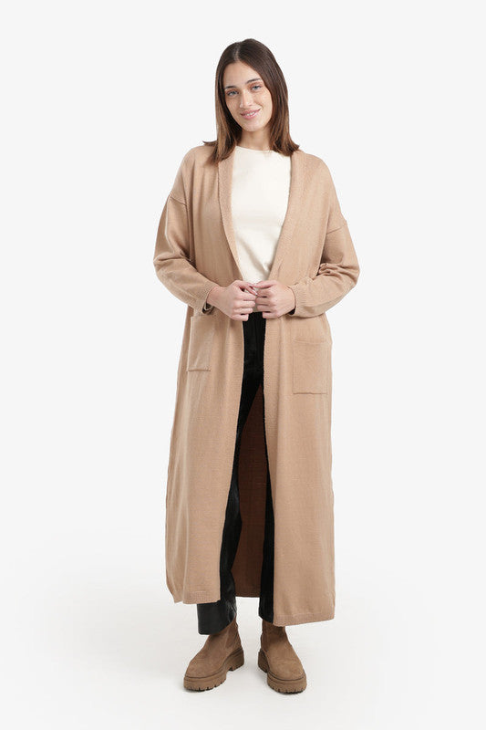 Plain Open-Front Maxi Cardigan – Beige