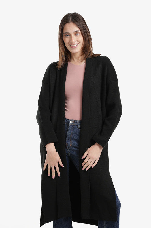 Minimal Knit Open-Front Midi Cardigan – Black