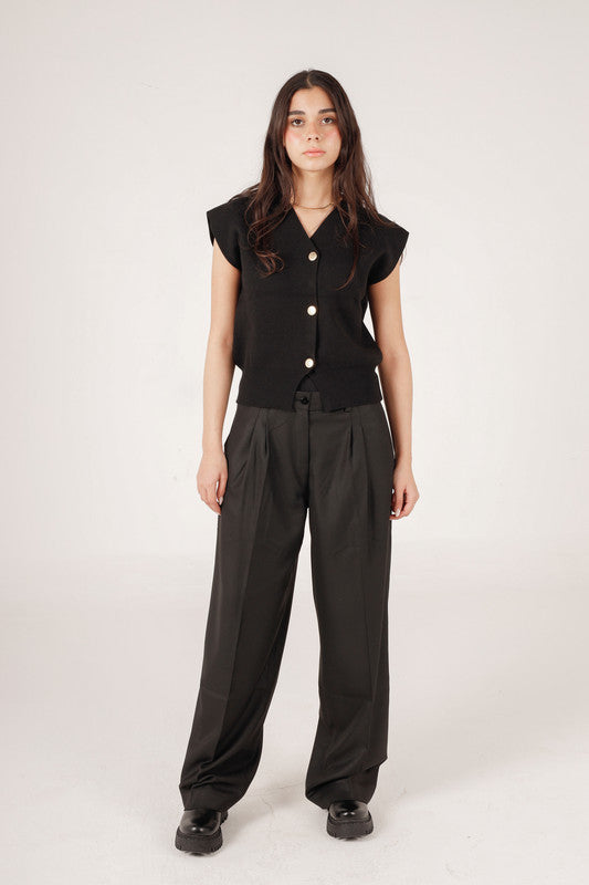 Wool Solid Golden Button Vest – Black
