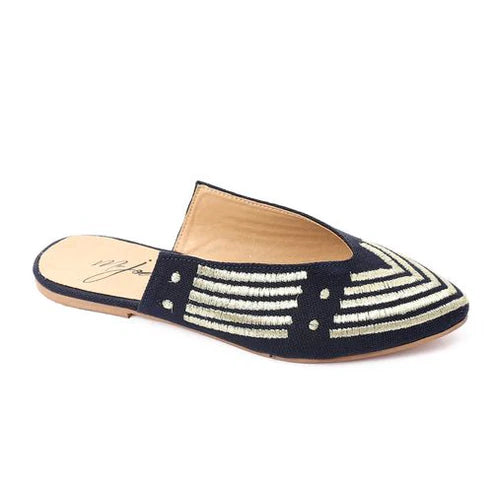 Canvas Embroidered Slip-On Mules- Navy