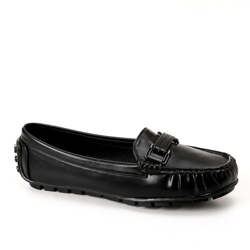Faux Leather Loafers with Metal Accent – Black