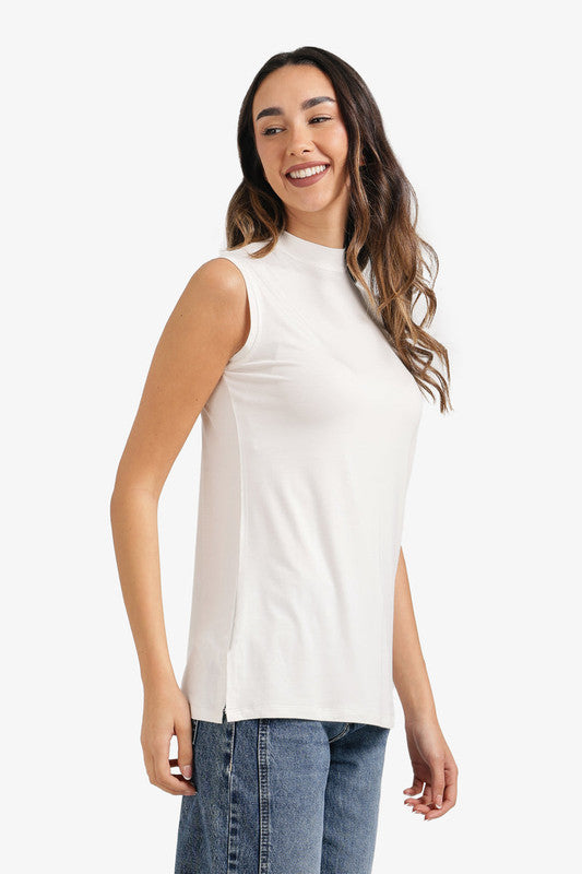 Mock-Neck T-Shirt with Side Slits – Off White