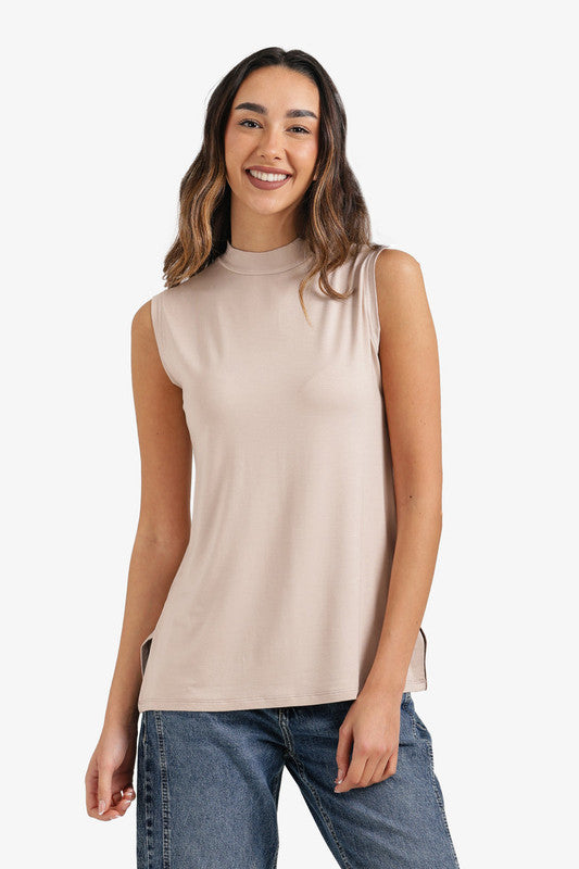 Mock-Neck T-Shirt with Side Slits – Beige