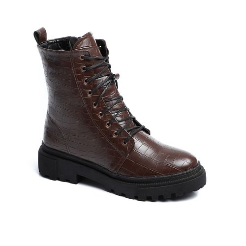 Faux Leather Croc-Embossed Combat Boots - Brown