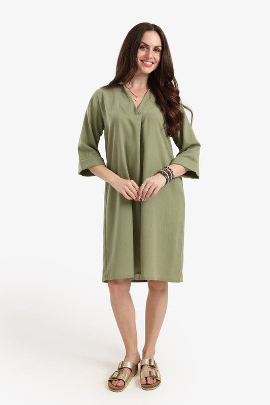 Solid Collared V-Neck Dress – Olive
