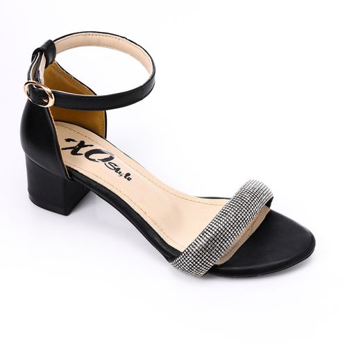 Faux Leather Diamante Ankle Strap Sandals - Black