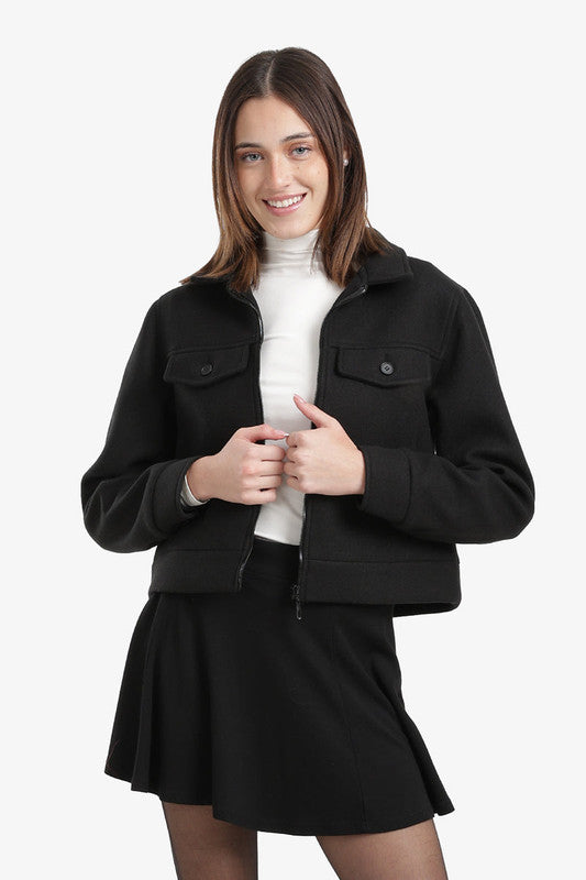 Plain Flap-Pocket Cropped Jacket – Black