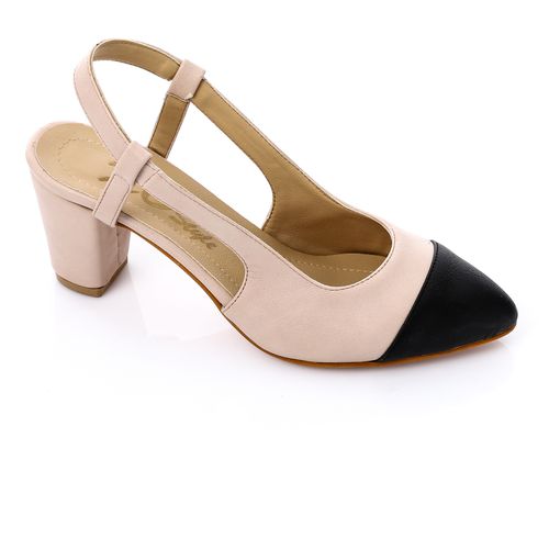 Slingback Beige Suede Block Heels Faux Leather Cap Toe Slingback